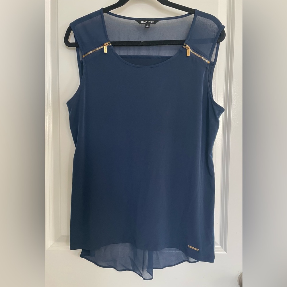 Ellen Tracy Blouse Womens Size L Maternity Zipper Lightweight Flowy Blue